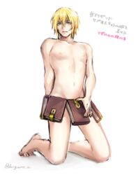 1boy barefoot blonde_hair blue_eyes blush dash10 eizen_(tales) full_body kneeling male_only nipples solo sweat tagme tales_of_(series) tales_of_berseria