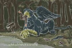 2021 anthro ass balls beak belly big_belly blue_body brown_body brown_fur claws closed_eyes clothing colored dialogue discarded_clothing duo english_text fatal_vore feet forced forest forest_background fur genitals head_first jagg_(thatgryphonguy) jeri_kleinlowe larger_pred lying male male/male mammal mouse multiple_prey murid murine nature nature_background nude nude_pred nude_prey on_front oral_vore outside partially_inside penis plant rodent sign size_difference skinny_dipping struggling struggling_prey text tongue tree unwilling_prey vore white_text willing_pred wings