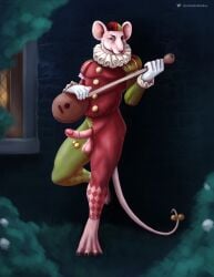 accessory anthro artist_name balls bell blonde_hair clothed clothing erection front_view full-length_portrait fur furgonomics genitals hair hi_res holding_musical_instrument holding_object humanoid_genitalia humanoid_penis looking_at_viewer male male_anthro mammal mouth_closed multicolored_hair murid murine musical_instrument outside penis pink_balls pink_body pink_ears pink_fur pink_penis plant portrait rat red_eyes red_hair rodent satanic_monkey shrub solo standing tail tail_accessory tail_bell text two_tone_hair vein veiny_penis window