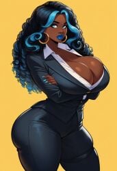 ai_generated aipixelporn black_hair blue_highlights blue_lips blue_nails curly_hair dark-skinned_female hoop_earrings large_ass large_breasts melissa_(aipixelporn) self_upload suit