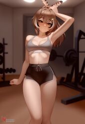 1girls 2d ai_generated ass barefeet big_ass breasts brown_hair erophoenix feet female female_focus full_body gym hairclip hololive hololive_english hololive_english_-council- hololive_english_-promise- indoors looking_at_viewer medium_breasts nanashi_mumei navel patreon_username short_shorts shorts solo solo_female sports_bra sweat thick thick_thighs toes uncensored virtual_youtuber vtuber