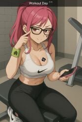 after_workout ai_generated big_breasts bitch blacked branded branding_mark breast_tattoo breasts fat_tits glasses gym gym_clothes holding_phone huge_breasts leggings long_hair looking_at_viewer nice_tits nike nike_logo not_porn oc on_phone original_character owned pink_eyes pink_hair pinku_(oc) ponytail property qos qos_tattoo queen_of_spades smug snapchat social_media sports_bra sweat sweat_on_breasts sweating white_sports_bra working_out workout workout_clothes