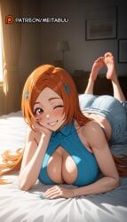 ai_generated ass bare_arms bare_shoulders barefoot bleach blue_nails blue_shirt blush breasts brown_eyes cleavage cleavage_cutout clothing_cutout collarbone collared_shirt crop_top curtains feet feet_up female full_body grin hair_ornament hairpin hand_on_own_cheek hand_on_own_face head_rest indoors inoue_orihime lamp large_breasts legs long_hair looking_at_viewer lying meitabuu nail_polish on_bed on_stomach one_eye_closed orange_hair parted_bangs picture_frame pleated_skirt shirt skirt sleeveless sleeveless_shirt smile soles solo teeth the_pose toenail_polish toenails toes white_skirt window
