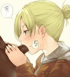 animated annie_leonhardt attack_on_titan blowjob blue_eyes dark-skinned_male dark_skin female from_side interracial light-skinned_female male pale-skinned_female pale_skin shingeki_no_kyojin unknown_artist viewed_from_side
