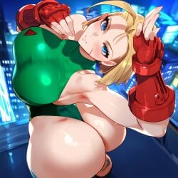 1girls ass bare_shoulders blonde_hair blue_eyes blush breasts cammy_white covered_nipples curvy dutch_angle facial_scar fingerless_gloves fourina from_above gloves green_leotard huge_ass large_breasts leotard looking_at_viewer red_gloves scar solo street_fighter street_fighter_6 sweat thick_thighs