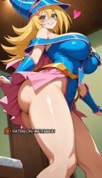 ai_generated ass bare_shoulders blonde_hair blue_headwear blush blush_stickers breasts ceiling dark_magician_girl dress duel_monster female from_below green_eyes grin hair_between_eyes hat heart huge_breasts indoors large_breasts long_hair looking_at_viewer meitabuu no_panties pentacle pentagram pink_skirt shiny_skin shonen_jump skirt smile solo standing thighs wizard_hat yu-gi-oh! yu-gi-oh!_duel_monsters