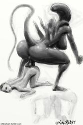 1boy 1futa alien alien/human alien_(franchise) alien_futanari anal anal_penetration futa_on_male futanari human human_on_pokemon humanoid interspecies light-skinned_male light_skin male male_penetrated monochrome nihilophant thick_thighs xenomorph