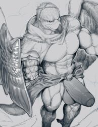 abs absurd_res anthro avian balls bara beak bird elden_ring elden_ring_nightreign erection feathers foreskin fromsoftware genitals glans guardian_(nightreign) hi_res humanoid_genitalia humanoid_penis male male_only mixterart muscular muscular_anthro muscular_male pecs penis portrait shield simple_background sketch solo solo_male