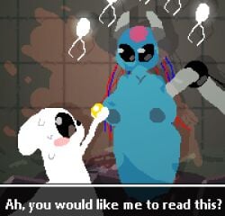 1girls 1other ambiguous_gender antennae_(anatomy) arm_up arms_behind_back big_ass big_breasts big_nipples black_eyes blue_body blush blush_lines blushing breasts dialogue facial_markings female female_focus feral forehead_mark glowing holding_object iterator_(rain_world) looks_to_the_moon_(rain_world) neuron_fly_(rain_world) nipples pearl pixel_art rain_world robot robot_girl robot_humanoid shiny_eyes slugcat survivor_(rain_world) sweat sweatdrop sweating text text_box thick_thighs tiles white_body wide_hips wire