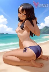1girls 2d ai_generated areolae ass back bare_shoulders beach big_ass bikini bikini_pull black_hair blue_bikini blue_eyes brown_eyes competition_swimsuit dark_skin dark_skinned_female day erophoenix female female_focus full_body hairclip hayase_nagatoro jewelry long_hair looking_at_viewer ocean one-piece_swimsuit one-piece_tan outdoors patreon_username please_don't_bully_me,_nagatoro sitting skin_fang sky small_breasts smile solo swimsuit tan tan_body tan_lines tanline thick thick_thighs uncensored