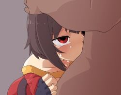 adorable adorable_face akaino_(akaomi) belt blowjob brown_belt brown_hair cum cum_in_mouth cum_inside cute cute_face fellatio hand_on_head hands_on_head konosuba konosuba:_god's_blessing_on_this_wonderful_world! leggings megumin megumin_(konosuba) panties panties_aside pantyhose petite petite_body petite_female red_clothing red_dress red_eyes tears witch witch_girl
