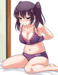 3: barefoot blush bow bow_bra bow_panties bra breasts brown_eyes cleavage closed_mouth collarbone commentary_request cum cum_on_body cum_on_breasts cum_on_hair cum_on_upper_body eyebrows_visible_through_hair facial female hair_between_eyes large_breasts long_hair navel panties purple_bra purple_hair sitting solo tears twintails underwear underwear_only undressing urara_meirochou wariza youkan yukimi_koume