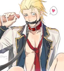 2boys blonde_hair blue_eyes blush dash10 eizen_(tales) erection gag male_only multiple_boys penis saliva sweat tagme tales_of_(series) tales_of_berseria yaoi