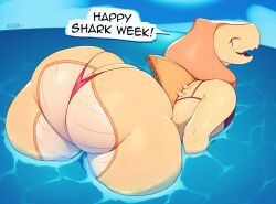 2022 anthro ass beach bent_over big_butt bikini bikini_thong clothing cobra dialogue_box digital_media_(artwork) discovery_channel english_text female flat_chested huge_butt huge_thighs kkoart legged_snake looking_at_viewer meme reptile scalie seaside shark_week smile snake solo swimwear text thick_thighs two-piece_swimsuit unnamed_snake_(kkoart) wide_hips