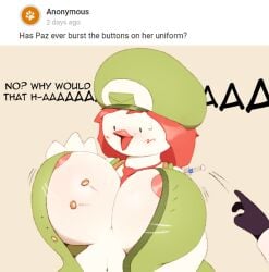 ambiguous_gender anthro areola avian beak big_breasts bird blush breasts button_(fastener) button_pop clothing columbid dot_eyes dove duo english_text female hair hat headgear headwear huge_breasts injection kkoart necktie non-mammal_breasts offscreen_character open_beak open_mouth paz_(kkoart) pink_areola question_mark red_hair simple_eyes syringe text uniform wardrobe_malfunction white_body