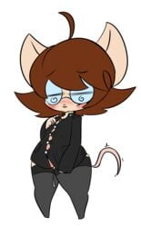 alpha_channel anthro blush bottomless brown_hair clothed clothing eyewear female glasses hair legwear mammal mouse pussy_juice red_(vono) rodent shirt simple_background stockings transparent_background vono