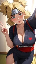 :p ai_generated black_kimono blonde_hair blush boruto:_naruto_next_generations breasts cleavage closed_mouth collarbone cowboy_shot female forehead_protector green_eyes hand_up headband heart indoors japanese_clothes kimono large_breasts looking_at_viewer meitabuu nail_polish naruto naruto_(series) naruto_shippuden obi parted_bangs quad_tails red_nails red_sash sash selfie short_sleeves smile solo temari tongue tongue_out v