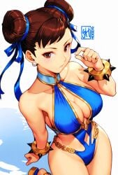 1girls artist_signature asian asian_female brown_eyes brown_hair busty capcom chun-li cleavage cleavage_cutout curvy hair_buns light-skinned_female light_skin one-piece_swimsuit skaggshood spiked_bracelet street_fighter swimsuit