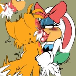 1:1 2025 2_tails background bedroom_eyes blush blush_lines bodily_fluids bow_ribbon canid carrotia_the_rabbit cheek_bulge clothed color colored colored_eyelashes conditional_dnp dated digitaldomain123 dipstick_tail dress ears_back ears_down eyelashes facial_tuft fox french_kissing gloves hair_accessory hair_ribbon handwear hi_res huge_lips kiss_mark kissing lagomorph leporid long_tail makeup mammal markings motion_lines multi_tail narrowed_eyes pivoted_ears rabbit ribbons sega short_hair signature sonic_the_hedgehog_(series) sweat sweatdrop tails tails_the_fox tan_background text thick_lips tuft wrist_grab