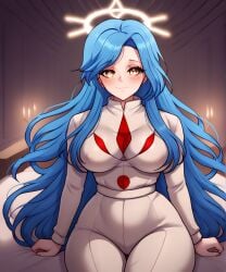 ai ai_generated bedroom blue_eyes blue_hair civitai curvaceous curvy curvy_female curvy_figure eteeming female female_only genderswap_(mtf) halo lamp palace robe rule_63 scp-3221 scp_foundation sitting_on_chair solo spread_legs thicc yellow_eyes