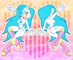 blue_hair boots breasts clothing demichan digital_media_(artwork) eulipotyphlan fan_character female footwear fur hair hair_down hedgehog hi_res looking_at_viewer mammal nipples panties pink_clothing pink_panties pink_underwear sega shoes simple_background smile snowfall_(eggbot15) solo sonic_(series) sonic_the_hedgehog_(series) star tail thong underwear white_body white_fur