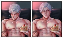 1boy abs cake g00miato holding_object love_and_deep_space male male_focus male_only muscular muscular_chest muscular_male nipples pecs pectorals solo solo_male sylus_(love_and_deep_space)