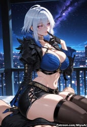 1girl ahoge ai_assisted ai_generated bangs belt black_gloves blue_hair blush boots breasts choker cleavage crop_top curvaceous curvy curvy_female curvy_figure earrings eyebrows_visible_through_hair female finger_to_mouth galbrena_(wuthering_waves) gloves hair_between_eyes highleg jacket jewelry large_breasts long_sleeves looking_at_viewer midriff miyuai navel night o-ring o-ring_top purple_eyes short_hair shorts silver_hair sitting sky smile star_(sky) starry_sky straddling tacet_mark_(wuthering_waves) thick thick_ass thick_butt thick_hips thick_legs thick_thighs thigh_boots thigh_strap thighhighs thighs voluptuous voluptuous_female wide_hips wide_thighs wuthering_waves