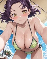 2025 ai_generated beach_background belly closed_mouth green_bikini hi_res holding_camera holding_viewer instagram looking_at_viewer meta mouth_closed orange_cheeks pekoillust purple_hair_female smile_at_viewer smiling_at_viewer tummy unknown_character wet_bikini wet_body wet_skin white_bikini yellow_eyes_female