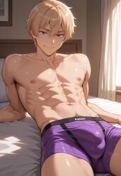 1boy abs ai_generated arm_support boxer_briefs bsky_link bulge civitai dvxxxgrai free! gay hazuki_nagisa illustrious_(stable_diffusion) lying_on_bed male male_only nagisa_hazuki navel nipples nude purple_boxer_briefs purple_briefs_only purple_male_underwear purple_underwear smile solo solo_male tagme underwear underwear_only yaoi