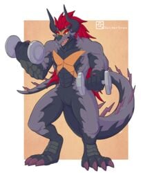 abs animal_genitalia anthro batzz_(buddyfight) biceps black_horn claws dragon future_card_buddyfight genital_slit horn male male_only muscular muscular_male nude pecs simple_background slit solo spidersnax