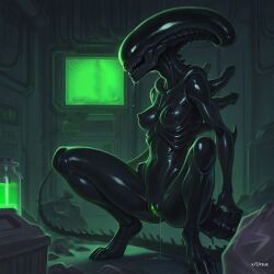 ai_generated alien alien_(franchise) artas9972 breasts laboratory pussy pussy_juice pussy_juice_drip ruins saliva small_breasts tail teeth xenomorph