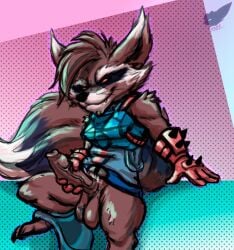 anthro armor ball_tuft balls black_body black_fur blue_armor bottomwear bottomwear_down brown_body brown_fur brown_hair clothed clothing fennephilim_fox foreskin fur genitals gloves guardians_of_the_galaxy hair handwear hi_res humanoid_genitalia humanoid_penis looking_at_viewer male mammal marvel mohawk pants pants_down partially_clothed penis procyonid raccoon red_clothing red_gloves red_handwear rocket_raccoon simple_background solo spiked_gloves spikes tuft uncircumcised vein veiny_penis white_body white_fur