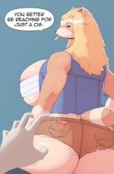 2021 ambiguous_gender annoyed anthro ass bandage big_breasts big_butt blonde_hair bottomwear breast_squish breasts cigarette clothed clothing curvy_figure denim dialogue disembodied_hand duo ear_piercing ear_ring english_text female first_person_view hair huge_breasts huge_butt hyper hyper_breasts jacket kkoart long_hair looking_at_viewer looking_back looking_back_at_viewer mammal muscular muscular_female open_clothing open_jacket open_topwear piercing procyonid raccoon rear_view ring_piercing shorts simple_background smoking squish text topwear voluptuous wide_hips wraps