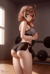 1girls 2d ai_generated ass barefeet big_ass breasts brown_hair erophoenix feet female female_focus full_body gym hairclip hololive hololive_english hololive_english_-council- hololive_english_-promise- indoors looking_at_viewer medium_breasts nanashi_mumei navel patreon_username short_shorts shorts solo solo_female sports_bra sweat thick thick_thighs toes uncensored virtual_youtuber vtuber