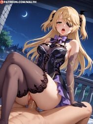 1boy 1girls ahe_gao ai_generated bare_shoulders blonde_hair blush cowgirl_position cowgirl_position crossed_legs dress elbow_gloves eyepatch fischl_(genshin_impact) genshin_impact green_eyes half-closed_eyes highres legs long_hair malth medium_breasts moaning penis sex thighhighs thighs tongue_out vaginal_penetration vaginal_penetration vaginal_sex