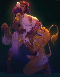 accessory animal_genitalia animal_penis anthro ball_fondling balls big_balls big_breasts blonde_hair bodily_fluids breasts brown_body brown_fur cock_ring collar dominant dominant_futa dominant_intersex duo equine_genitalia equine_penis erection felid fondling fur futa/male futanari genital_fluids genitals gold_(metal) gold_jewelry hair hi_res huge_balls huge_breasts humanoid_genitalia humanoid_penis hyena intersex intersex/male interspecies jewelry kneeling leash leash_pull leashed_collar legband licking lion littleclown male mammal mane mismatched_animal_penis mismatched_genitalia mismatched_penis mostly_nude nipple_piercing nipples oral pantherine penile penis penis_accessory penis_jewelry penis_lick piercing precum purple_eyes purple_hair sex spotted_hyena tail tail_tuft thick_penis thick_thighs tongue tuft uraeus vein veiny_penis