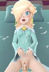 3d ai_generated bed blonde_hair clothing cum dress female hair_over_one_eye mario_(series) missionary_position nintendo open_mouth pov princess_rosalina rape sex super_mario_bros. vaginal_penetration video_games vulva