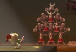 anthro arms_out aroused avian big_penis bird bunny bunny_girl canine cheerleader cheerleader_uniform chicken chicken_little confusion dick disgusted disney glasses grossed_out gym holding_each_other holding_hands horrified humanoid_genitalia humanoid_penis in_public mammal pom_poms poodle public public_nudity pyramid rabbit screenshot screenshot_edit shocked shocked_expression talons tighty_whities underwear