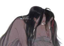 1010923 2boys absurdres ahoge alternate_costume anal bare_shoulders bathrobe black_hair blush chinese_clothes clothed_male_nude_male clothes_down french_kiss grey_eyes hair_ribbon half-closed_eyes hand_on_another's_chest hanfu highres implied_sex kissing lan_wangji long_hair looking_at_another lying male_focus modao_zushi multiple_boys nude off_shoulder open_clothes open_mouth open_robe partially_undressed ponytail red_ribbon ribbon robe saliva sex sex_from_behind sidelocks simple_background tongue tongue_out twitter_username upper_body watermark wei_wuxian white_background white_robe yaoi