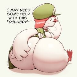 1:1 anthro ass avian beak bedroom_eyes big_butt bird blush bottomless breasts clothed clothing columbid dove english_text female hair hand_on_butt hat headgear headwear huge_butt kkoart looking_at_viewer looking_back narrowed_eyes non-mammal_breasts open_beak open_mouth paz_(kkoart) red_hair seductive sitting solo text white_body