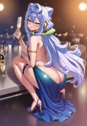 ai_generated backless_dress backless_outfit big_ass blue_dress bracelet champagne_glass choker femboy girly gold_heels gold_jewelry hacka_doll hacka_doll_3 lipstick looking_back low_cut_dress makeup otoko_no_ko queen_of_spades_symbol showing_ass thick_thighs