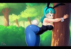 ai_generated arched_back bending_over blue_eyes blue_hair bulma_briefs bunny_costume bunny_ears bunny_girl bunnysuit clothed clothing dragon_ball dragon_ball_super dragon_ball_z leggings narrow_waist outdoors side_view t8r thick_thighs thighs tight_clothing