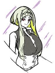 1girls breasts busty female female_only green_hair huge_breasts large_breasts massgrave monochrome red_eyes ringo_(soul_hackers) short_hair_with_long_locks sleeveless solo soul_hackers soul_hackers_2 tie