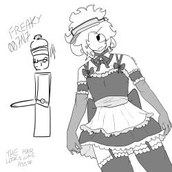 007n7_(forsaken) arm_sleeve artist_request black_and_white boner_in_pants bows burger burger_hat comically_large_penis elliot_(forsaken) femboy forsaken_(roblox) garter gloves grayscale horny_male maid_dress male mildly_annoyed roblox roblox_game robloxian stockings tagme
