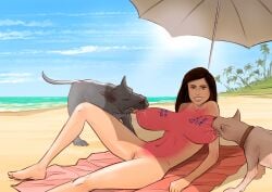 breast_bite breast_biting breasts canid canid_on_humanoid canine canine_on_human cartoon_physics celebrity disarten dogs_bite_breast domestic_dog female female_human feral happy human male male/female male_canine mia_khalifa nipple_torture public public_nudity pussy straight stretched sunburn sunburnt threesome vagina zoophilia