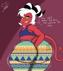 2d ass_bigger_than_head big_ass bottom_heavy bottom_heavy_femboy butt_digging crimsonstudios1 digging_up_in_they_ass digital_drawing_(artwork) fat_ass femboy forbidden_pants girly hand_in_butt hand_in_pants helluva_boss imp looking_back moxxie_(helluva_boss) simple_background thick_ass thick_thighs