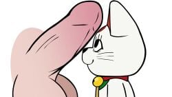 alessandrafurry balls bell bell_collar collar dandadan domestic_cat duo erection felid feline felis female feral genitals hi_res humanoid lucky_cat_(balatro) male male/female mammal penis simple_background smile turbo_granny_(dandadan) unknown_species white_body