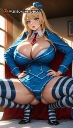 ai_generated alicia ass_visible_through_thighs black_footwear blade blonde_hair blue_headwear blue_jacket blue_panties blue_skirt blush breasts buttons cape cleavage curtains dark detached_collar female green_eyes grimoire hairband hands_on_own_hips hat high_heels huge_breasts indoors jacket large_breasts long_hair long_sleeves looking_at_viewer makeup meitabuu mini_hat miniskirt necktie panties parted_lips pleated_skirt queen's red_lips red_necktie short_necktie skirt solo spread_legs squatting striped_clothes striped_thighhighs thighhighs thighs underwear user window wonderland