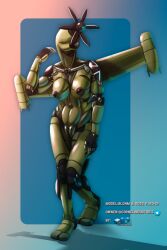 2:3 absurd_res black_nipples breasts cross digital_drawing_(artwork) digital_media_(artwork) digital_painting_(artwork) drqube female green_body hi_res iron_cross living_machine looking_up machine metal metallic_body nipples nude nude_anthro nude_female painting_(artwork) pussy robot rotor simple_background smile solo solo_focus solo_in_panel text vulva wings