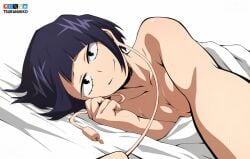 1girls black_eyes female female_focus female_only kyoka_jiro looking_at_viewer my_hero_academia navel on_bed purple_hair short_hair small_breasts smile solo solo_female solo_focus sweat topless tsuranukko